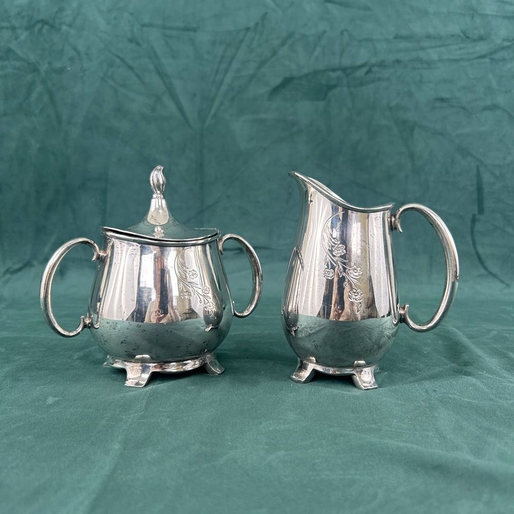Vintage Rogers Springtime Floral Silver Plated Sugar and Creamer Set